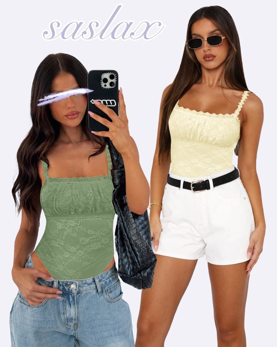 Saslax Women's Sexy Square Neck Lace Sleeveless Bodysuit Tank Tops Double Lined Body Suit Thong Outfits, Olive Green, X-Large thumbnail 3