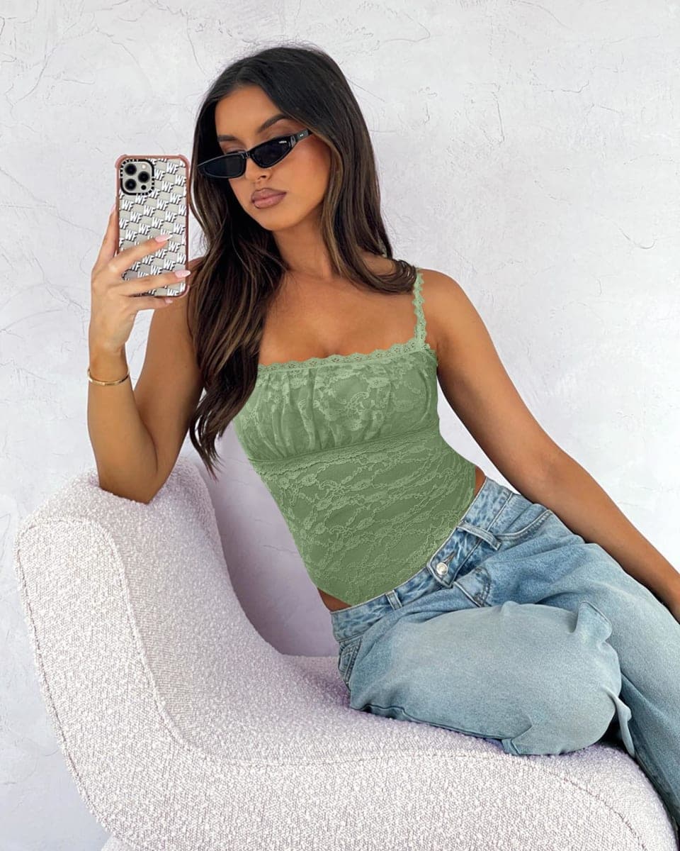 Saslax Women's Sexy Square Neck Lace Sleeveless Bodysuit Tank Tops Double Lined Body Suit Thong Outfits, Olive Green, X-Large thumbnail 5