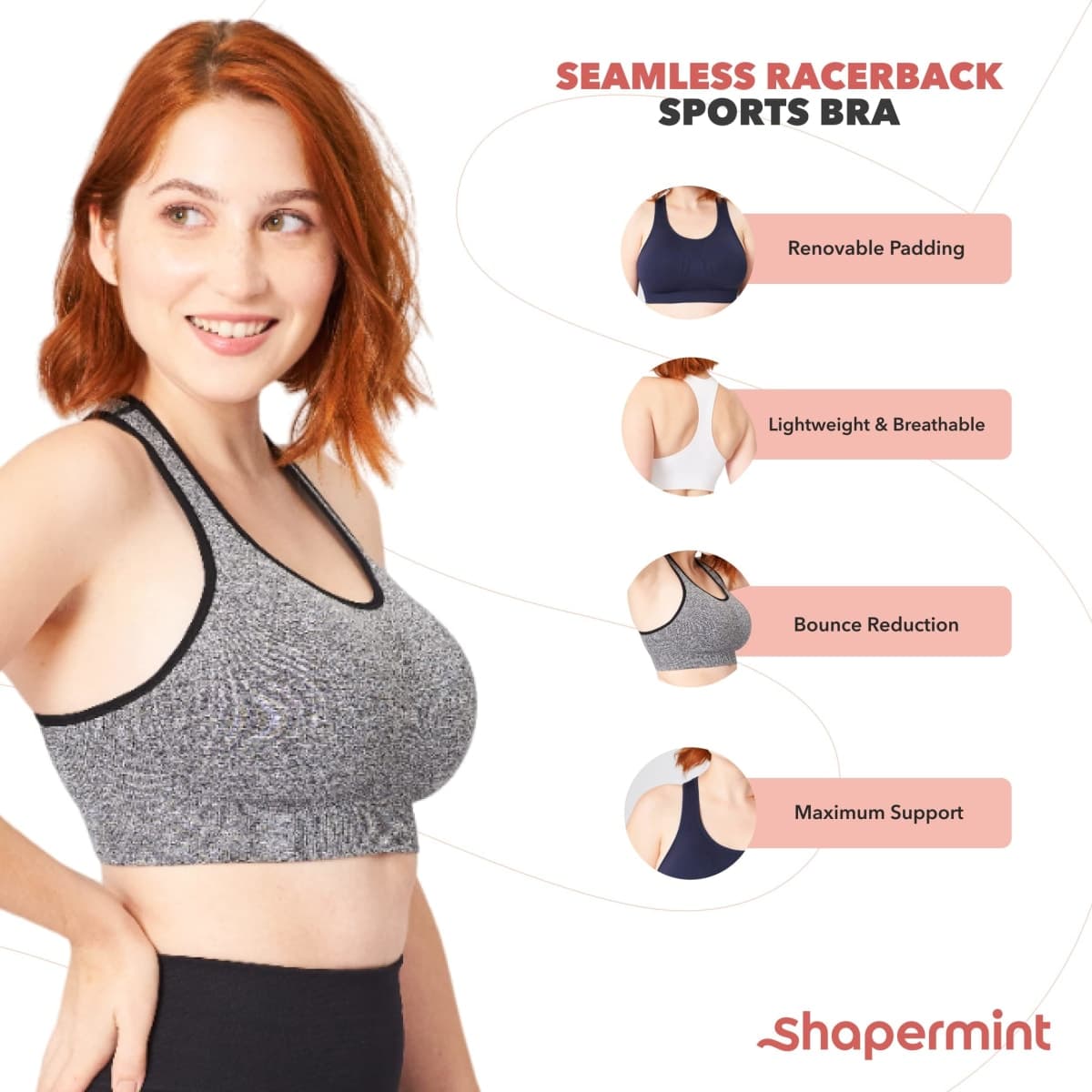 SHAPERMINT Sports Bras for Women, Racerback Workout Bra, Medium Support thumbnail 5