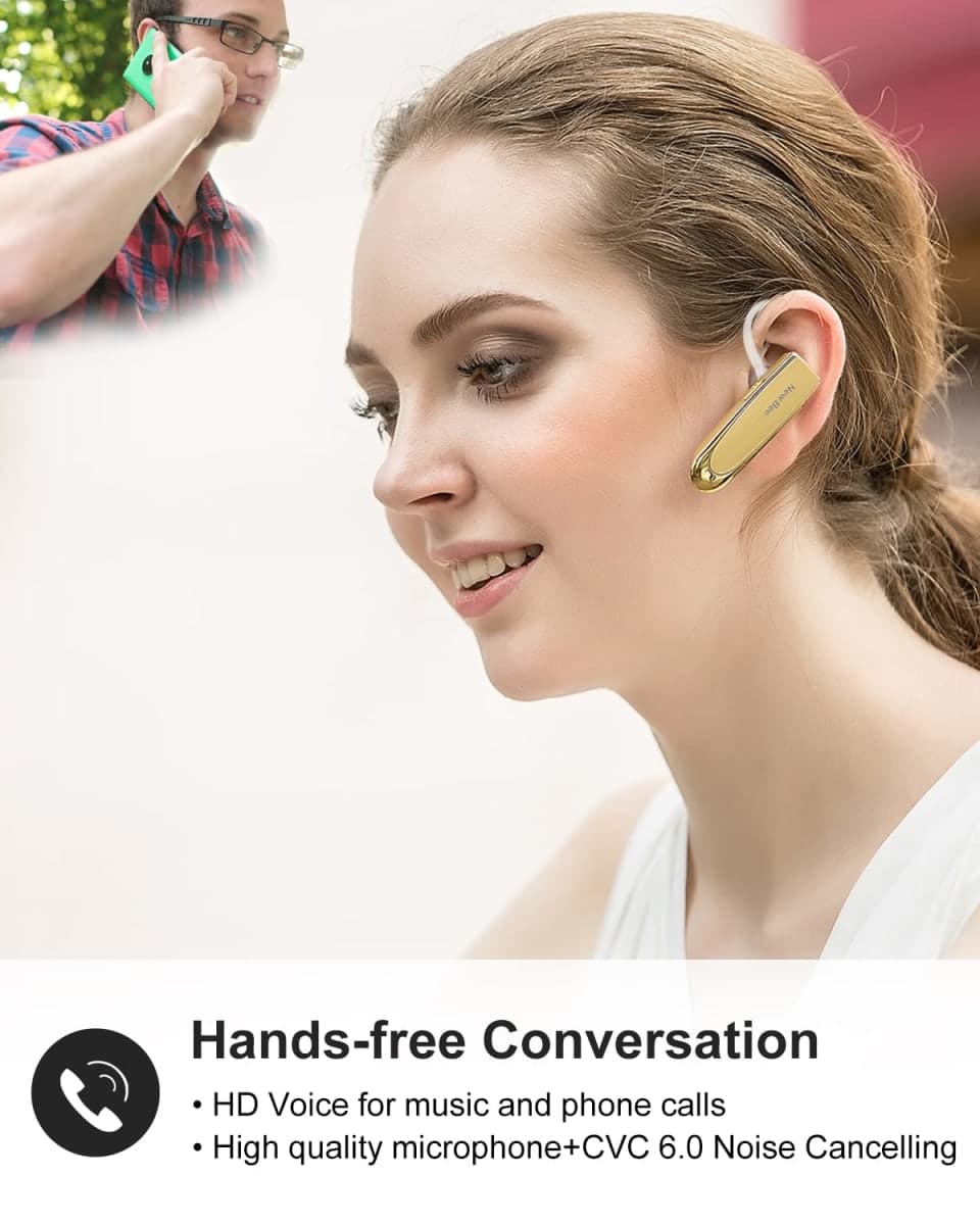 New Bee Bluetooth Earpiece V5.0 Wireless Handsfree Headset with Microphone 24 Hrs Driving Headset 60 Days Standby Time for iPhone Android Samsung Laptop Trucker Driver (Gold) thumbnail 2