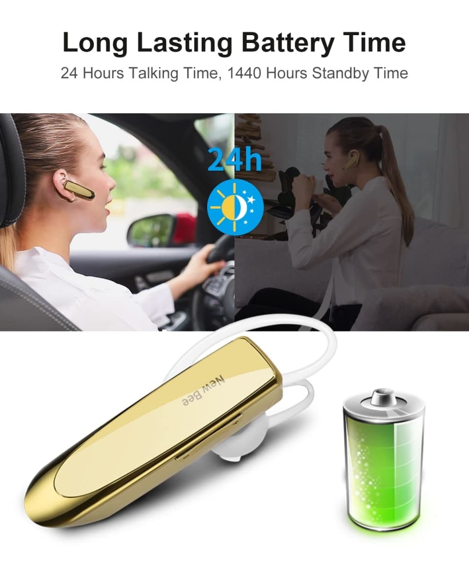 New Bee Bluetooth Earpiece V5.0 Wireless Handsfree Headset with Microphone 24 Hrs Driving Headset 60 Days Standby Time for iPhone Android Samsung Laptop Trucker Driver (Gold) thumbnail 3