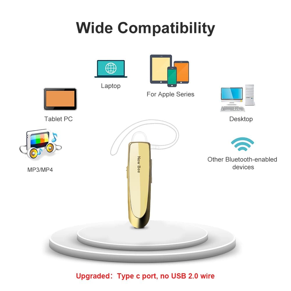 New Bee Bluetooth Earpiece V5.0 Wireless Handsfree Headset with Microphone 24 Hrs Driving Headset 60 Days Standby Time for iPhone Android Samsung Laptop Trucker Driver (Gold) thumbnail 4