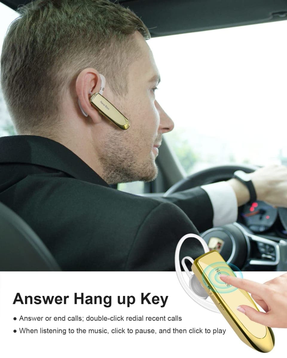 New Bee Bluetooth Earpiece V5.0 Wireless Handsfree Headset with Microphone 24 Hrs Driving Headset 60 Days Standby Time for iPhone Android Samsung Laptop Trucker Driver (Gold) thumbnail 5