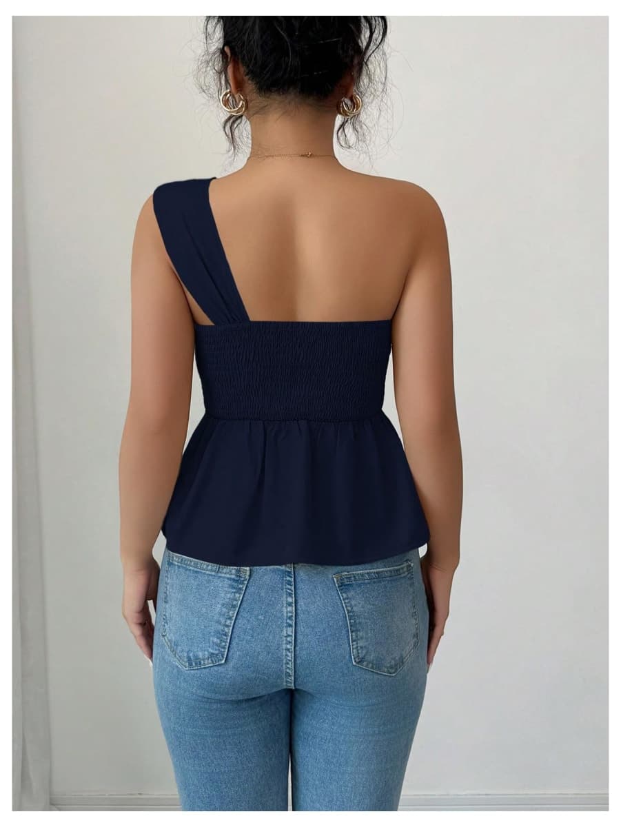 OYOANGLE Women's One Shoulder Elegant Ruffle Tank Tops, Deep Blue, Medium thumbnail 2