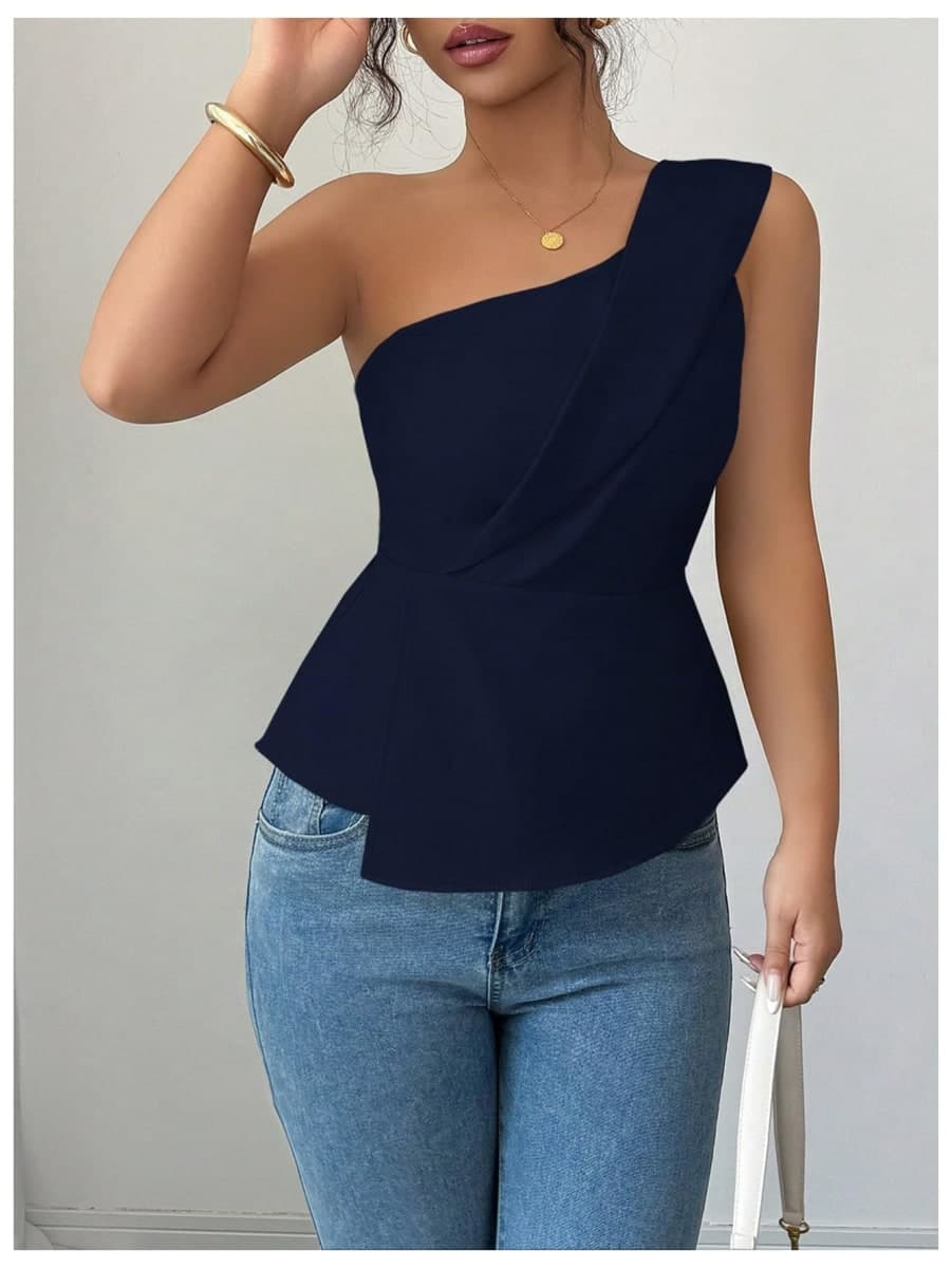OYOANGLE Women's One Shoulder Elegant Ruffle Tank Tops, Deep Blue, Medium thumbnail 3