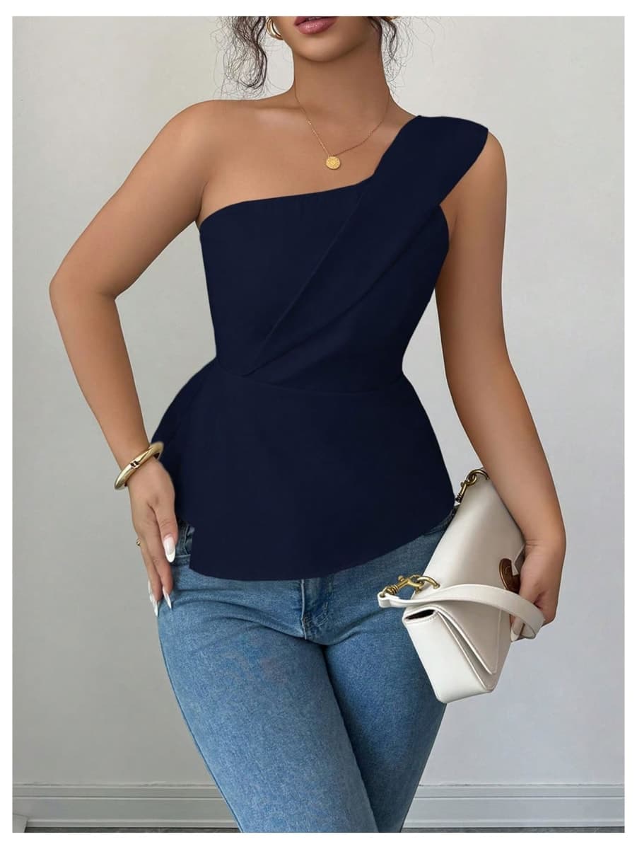 OYOANGLE Women's One Shoulder Elegant Ruffle Tank Tops, Deep Blue, Medium thumbnail 4