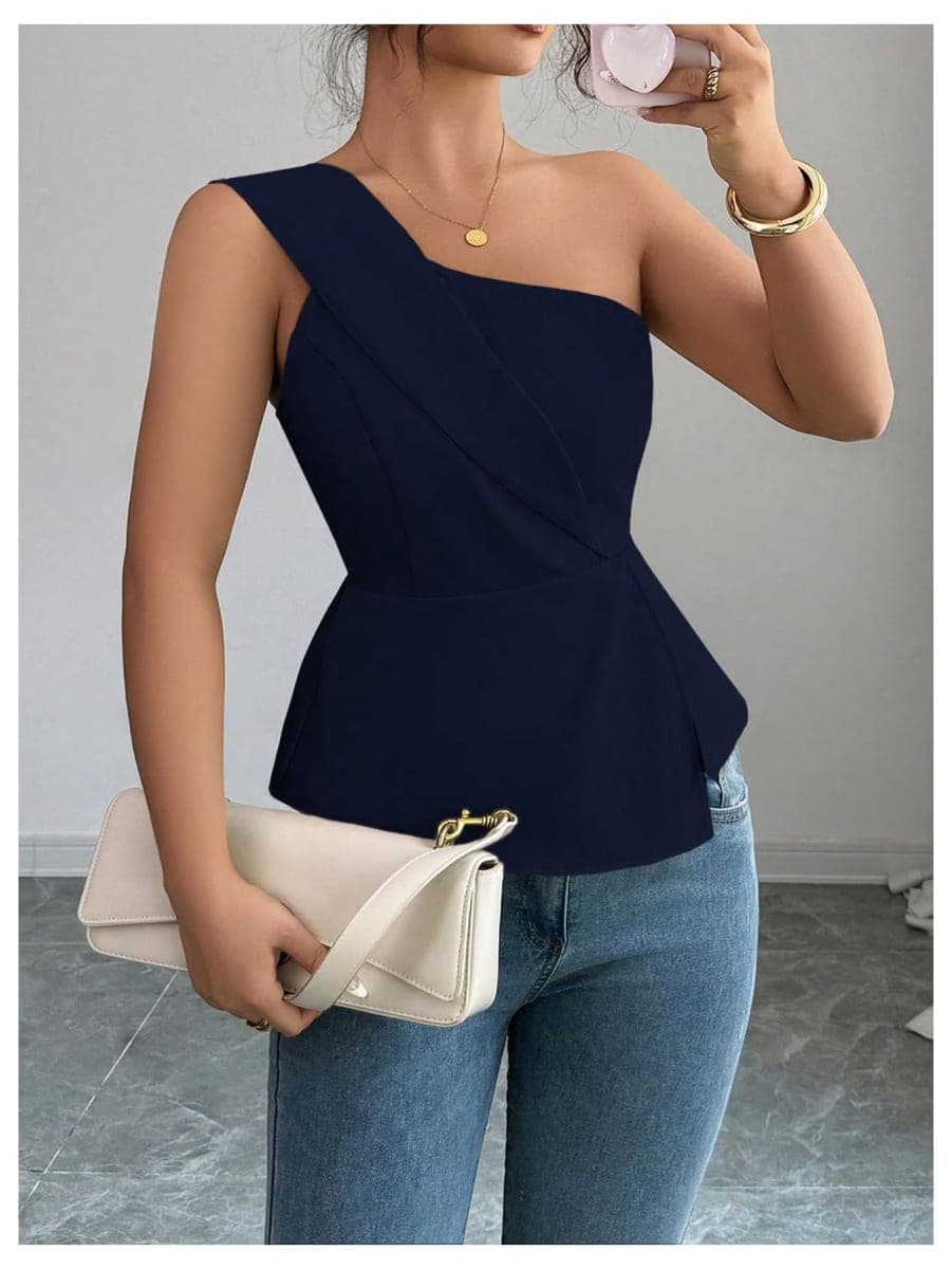 OYOANGLE Women's One Shoulder Elegant Ruffle Tank Tops, Deep Blue, Medium thumbnail 5