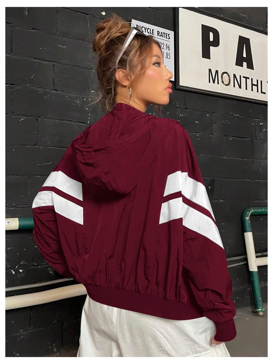 Verdusa Women's Color Block Zip Up Hooded Jacket Outerwear Loose Windbreaker Jackets, Burgundy, Large thumbnail 2