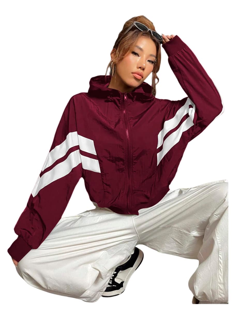 Verdusa Women's Color Block Zip Up Hooded Jacket Outerwear Loose Windbreaker Jackets, Burgundy, Large thumbnail 4