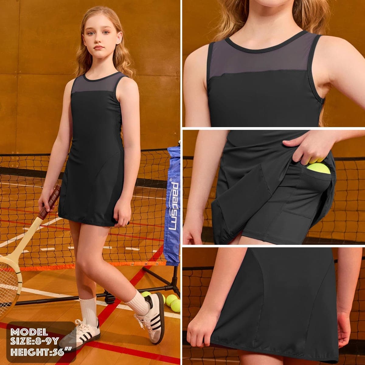 CHILDRENSTAR Girls Tennis Dress Sleeveless Mesh Contrast Golf Outfit Athletic Dresses Activewear Sets Built-in Bra & Shorts, Black, 12-13 Years thumbnail 5