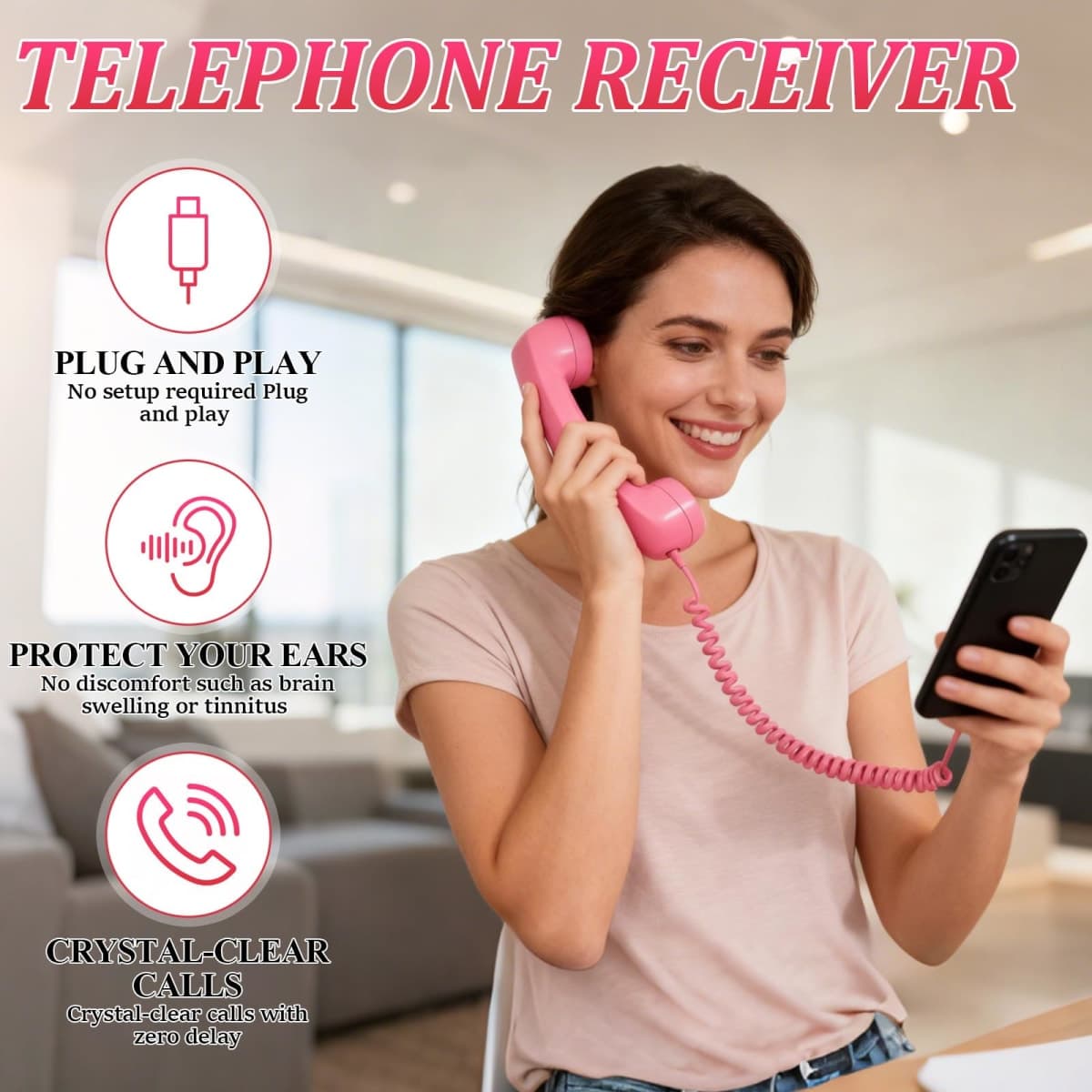 Retro Phone Handset for iPhone & Android,2026 New Cell Phone Receiver with Microphone & Speaker,Retro Telephone Wired Handset for Mobile Phones,90s Style Prop for Photos(Black, Type-C) thumbnail 2