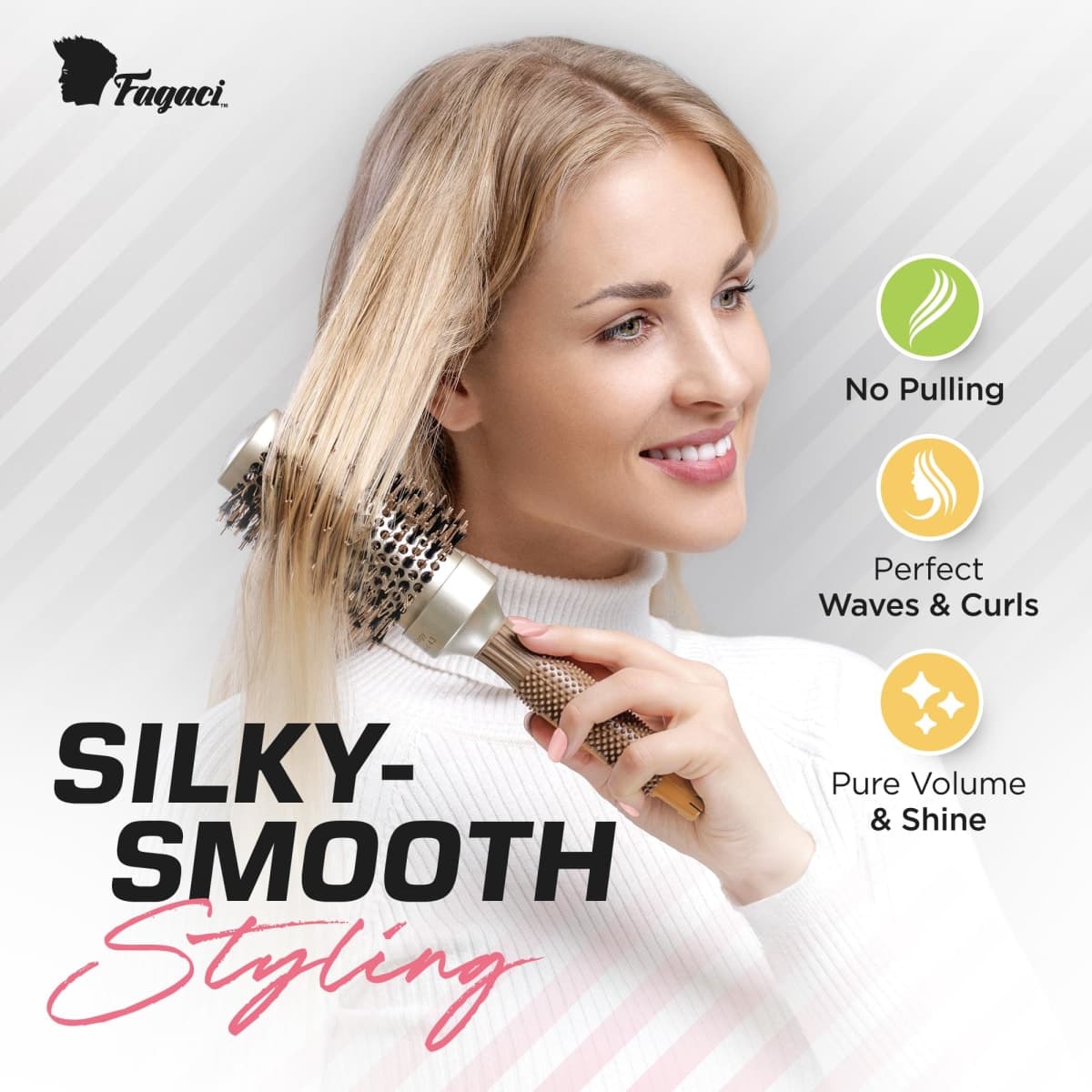 Fagaci Round Brush for Blow Drying with Natural Boar Bristle, Round Brush | Nano Technology Ceramic + Ionic for Hair Styling, Drying, Healthy Hair and Add Volume | Hair Brush + 4 Styling Clips thumbnail 2
