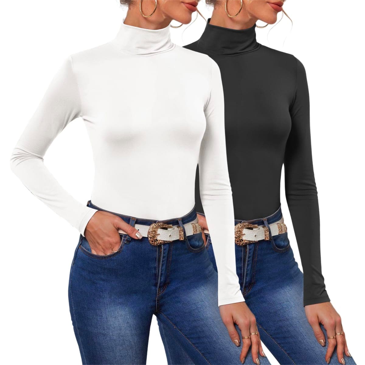POPZONE 2 Pack Women's Turtleneck Long Sleeve Tops Mock Neck Slim Fit Shirt Basic Soft Lightweight Base Layer Undershirts, Black,white, Medium — image 1