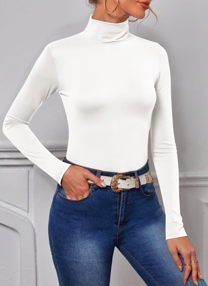 POPZONE 2 Pack Women's Turtleneck Long Sleeve Tops Mock Neck Slim Fit Shirt Basic Soft Lightweight Base Layer Undershirts, Black,white, Medium thumbnail 2