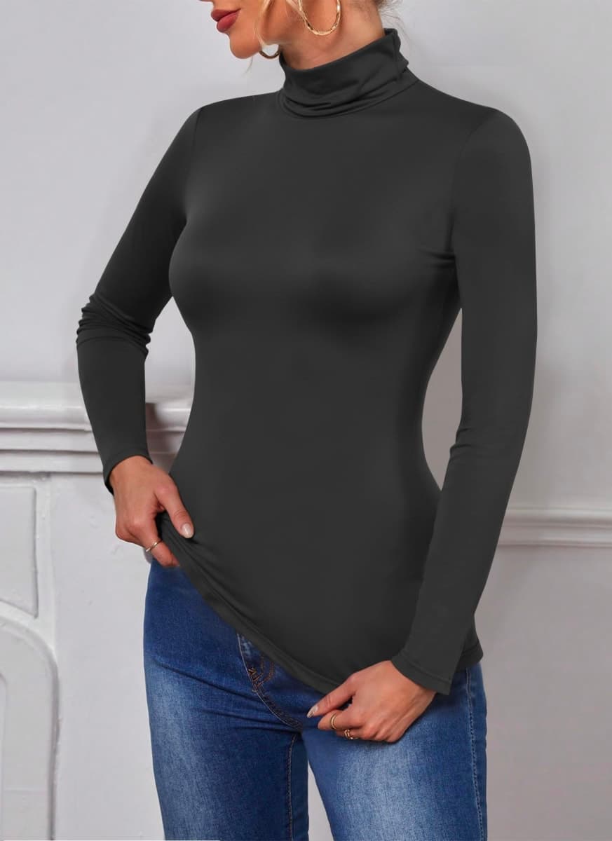 POPZONE 2 Pack Women's Turtleneck Long Sleeve Tops Mock Neck Slim Fit Shirt Basic Soft Lightweight Base Layer Undershirts, Black,white, Medium thumbnail 3