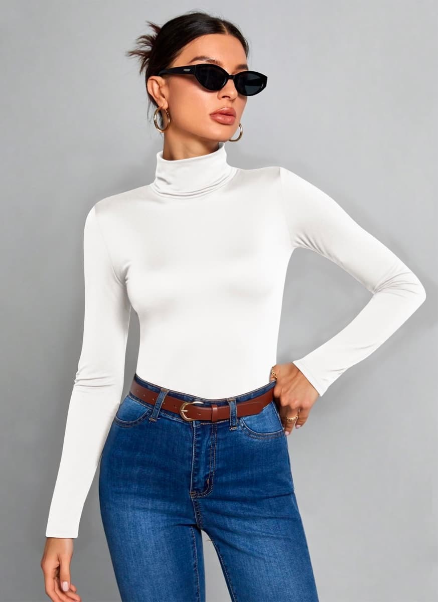 POPZONE 2 Pack Women's Turtleneck Long Sleeve Tops Mock Neck Slim Fit Shirt Basic Soft Lightweight Base Layer Undershirts, Black,white, Medium thumbnail 4