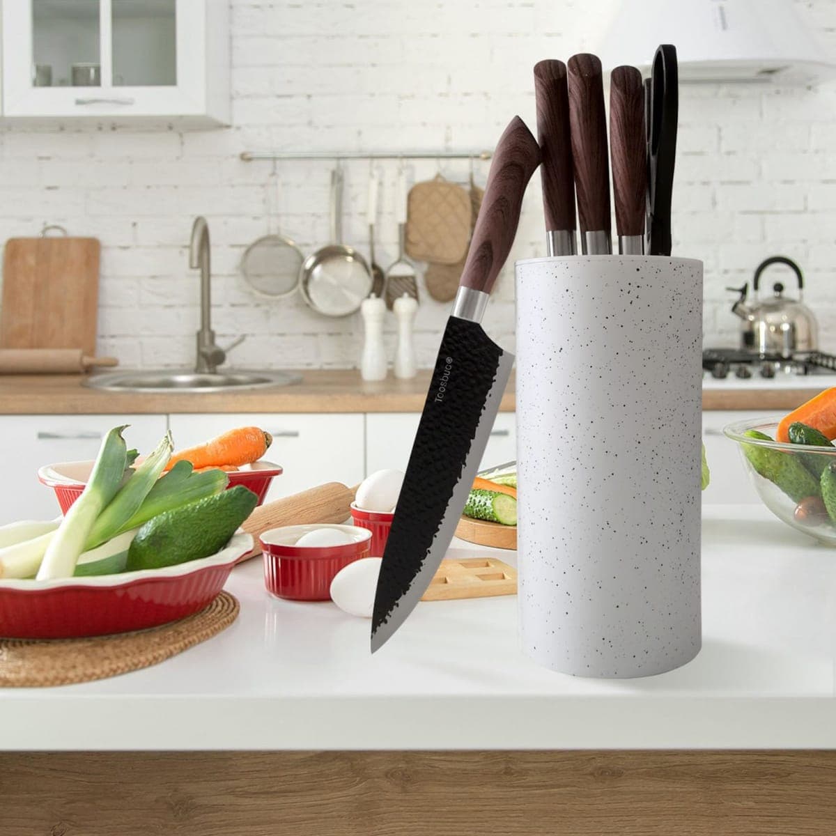 Universal Knife Block Holder, Toosbuc Round Knife Holder Without Knives,Safe & Detachable,Space Saver Knife Storage,Countertop Organizer for Kitchen (White Snowflake Dots) thumbnail 2
