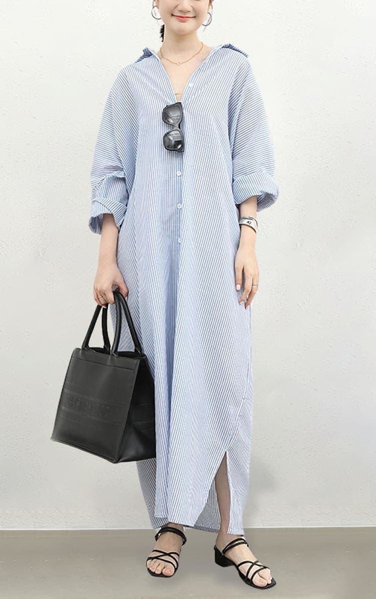chouyatou Women's Casual Long Sleeve Button Down Loose Striped Cotton Maxi Shirt Dress, Blue, 3X-Large thumbnail 2