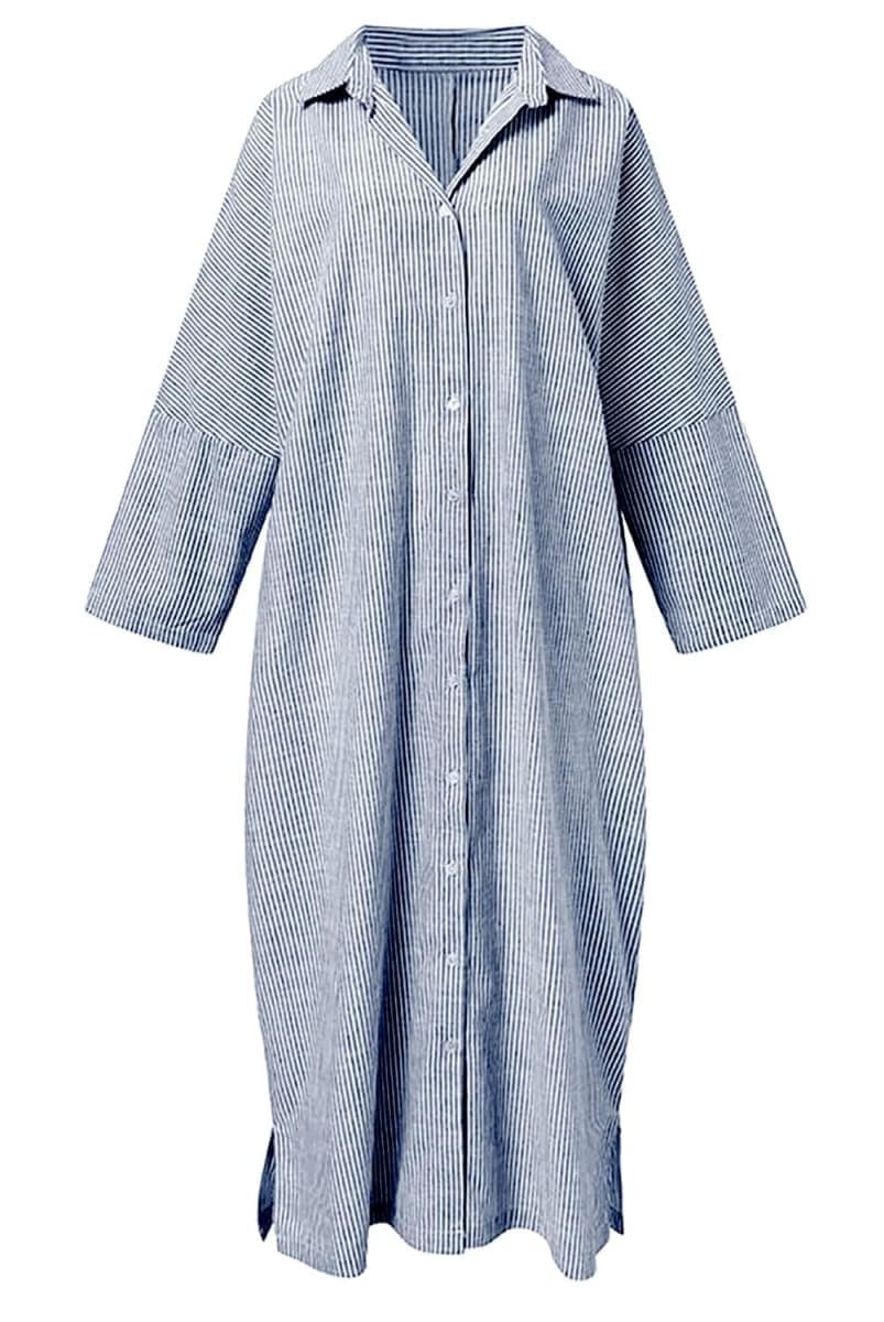 chouyatou Women's Casual Long Sleeve Button Down Loose Striped Cotton Maxi Shirt Dress, Blue, 3X-Large thumbnail 3