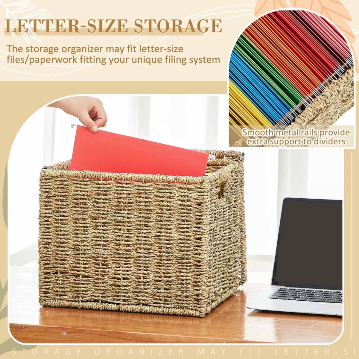 Seagrass File Box Organizer with Lid File Basket for Hanging Folders thumbnail 3