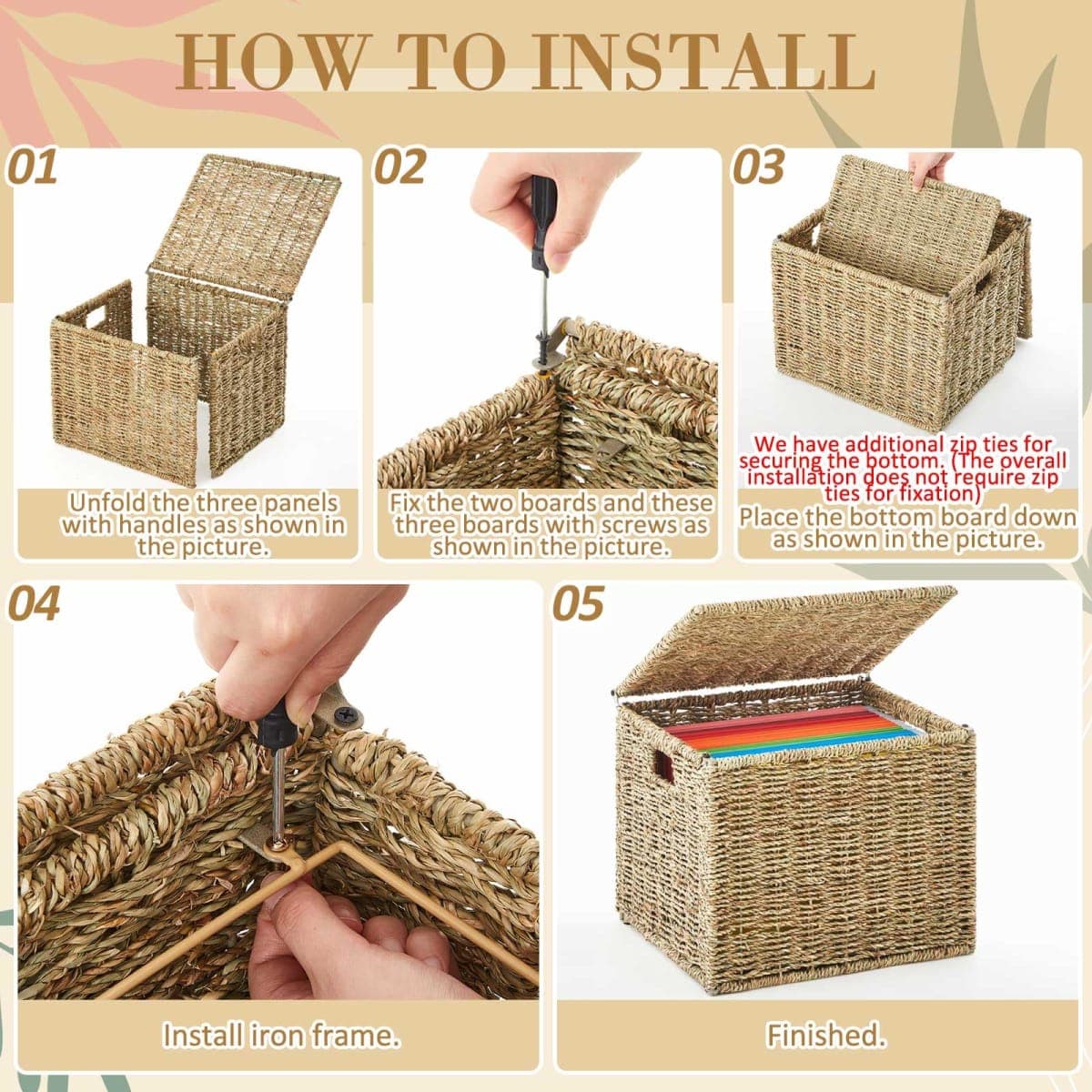Seagrass File Box Organizer with Lid File Basket for Hanging Folders thumbnail 4