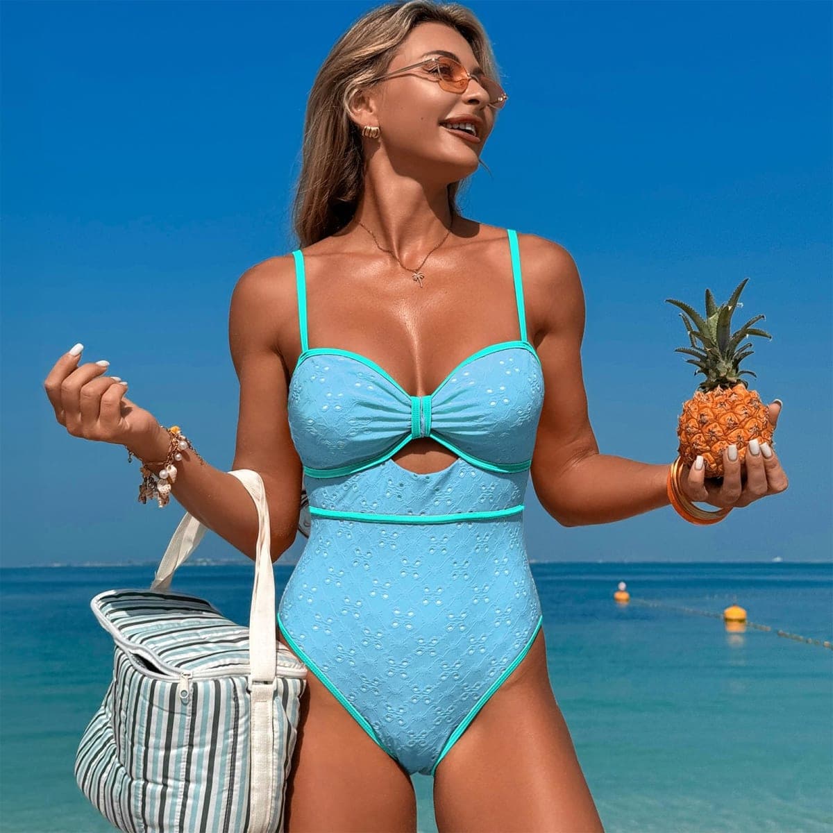 One Piece Boho Swimsuits for Women High Waisted Tummy Control Cutout Vintage Swimsuit Bathing Suit, Vintage Blue, Large thumbnail 2