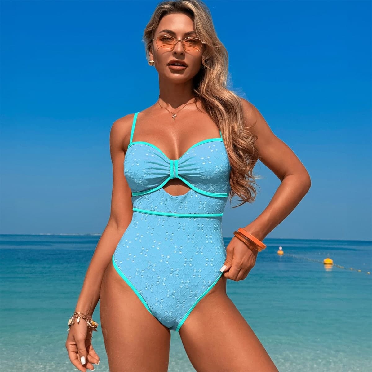 One Piece Boho Swimsuits for Women High Waisted Tummy Control Cutout Vintage Swimsuit Bathing Suit, Vintage Blue, Large thumbnail 3