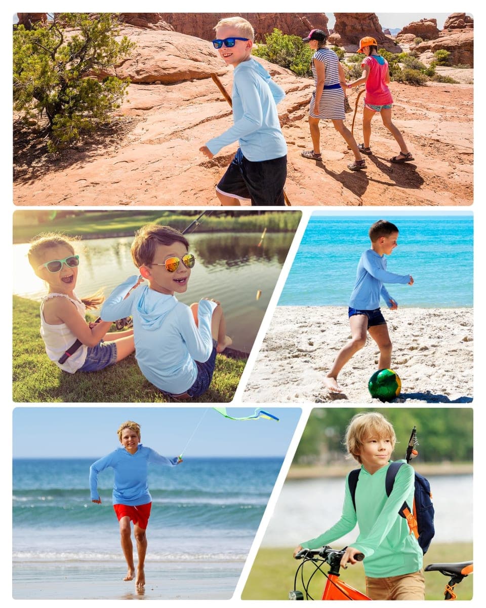 RIKUAOU Boys Rash Guard Long Sleeve Sun Protection Hoodie Shirts, Youth UPF 50+ Swim Fishing Water Hooded Shirt with Pocket, Crimson, Medium thumbnail 2