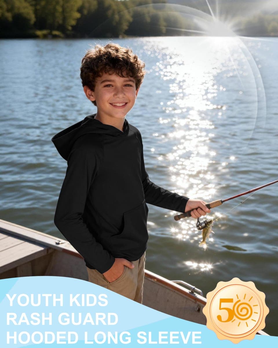 RIKUAOU Boys Rash Guard Long Sleeve Sun Protection Hoodie Shirts, Youth UPF 50+ Swim Fishing Water Hooded Shirt with Pocket, Crimson, Medium thumbnail 4