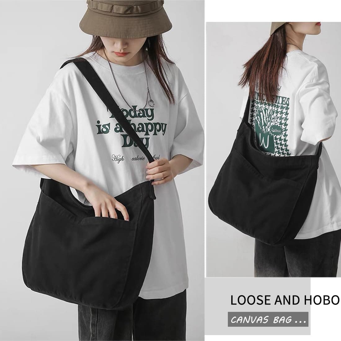 DAINAOTM Canvas Tote Bag Casual Hobo Crossbody Shoulder Bag for Women and Men Large Purse Messenger Bag Travel Work, 0-black, Large thumbnail 2