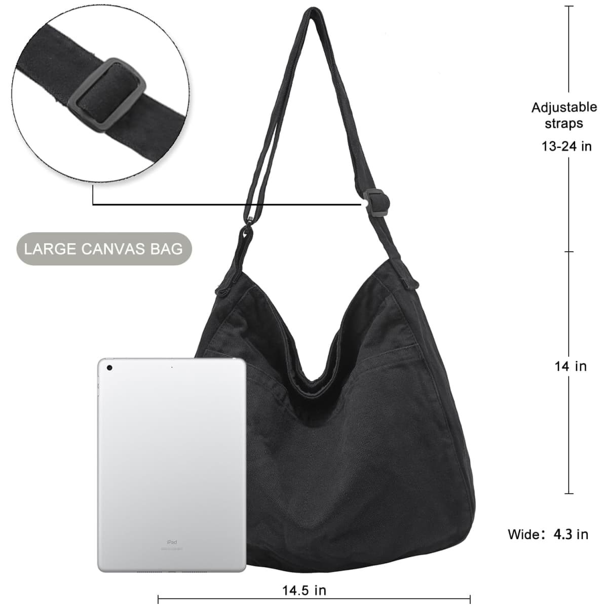 DAINAOTM Canvas Tote Bag Casual Hobo Crossbody Shoulder Bag for Women and Men Large Purse Messenger Bag Travel Work, 0-black, Large thumbnail 3