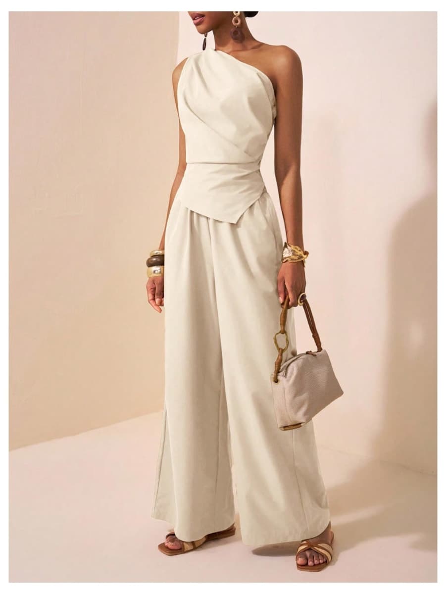 OYOANGLE Women's Two Piece Pants Set One Shoulder Ruched Shirt Wide Leg Pants Business Casual Outfits, Apricot, Small thumbnail 2