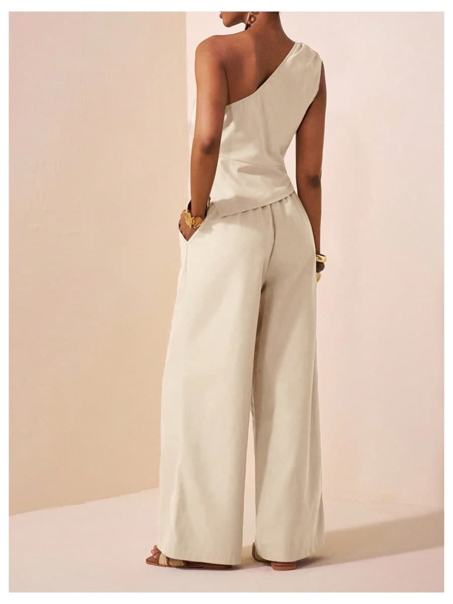 OYOANGLE Women's Two Piece Pants Set One Shoulder Ruched Shirt Wide Leg Pants Business Casual Outfits, Apricot, Small thumbnail 3