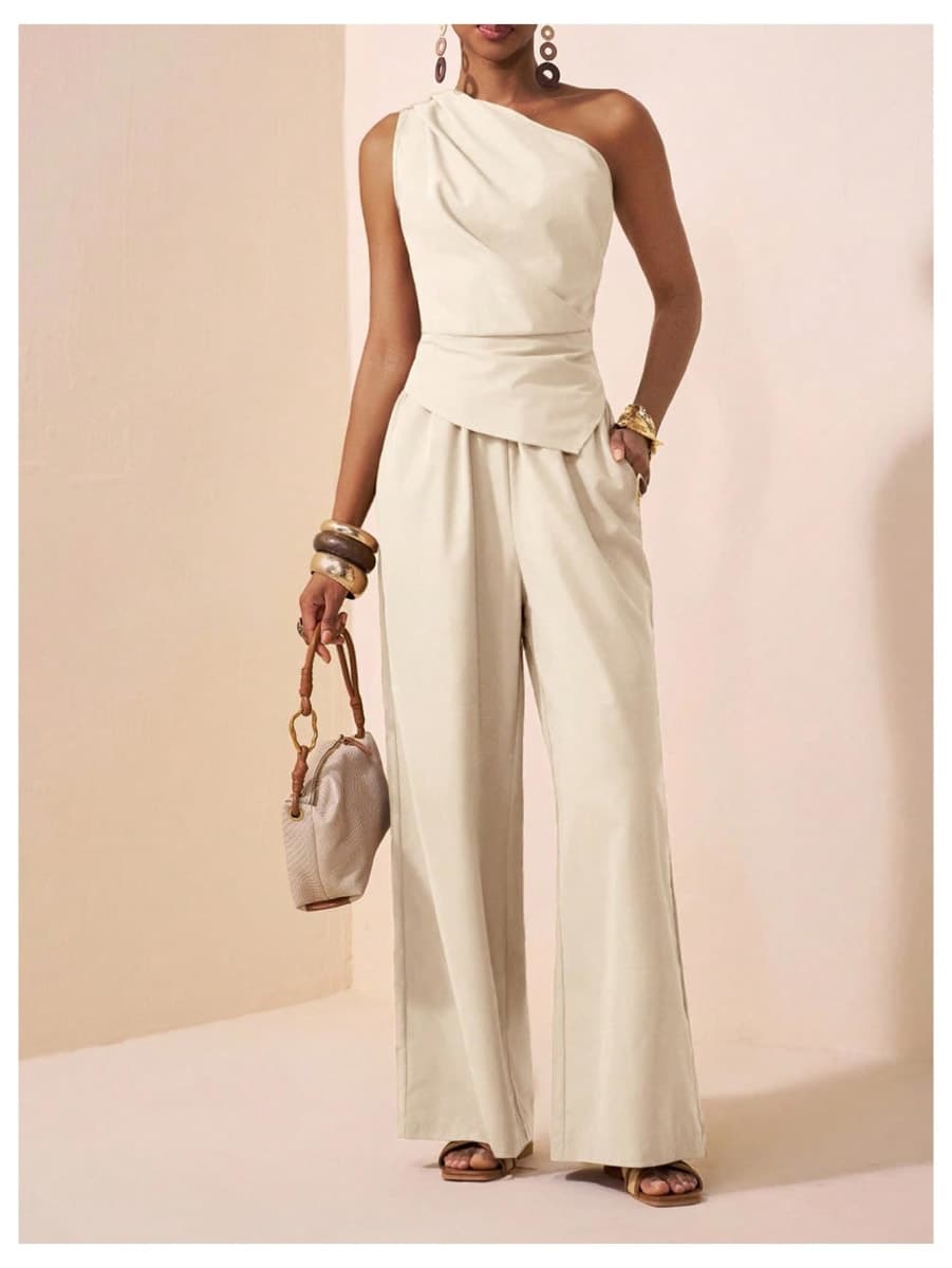 OYOANGLE Women's Two Piece Pants Set One Shoulder Ruched Shirt Wide Leg Pants Business Casual Outfits, Apricot, Small thumbnail 4