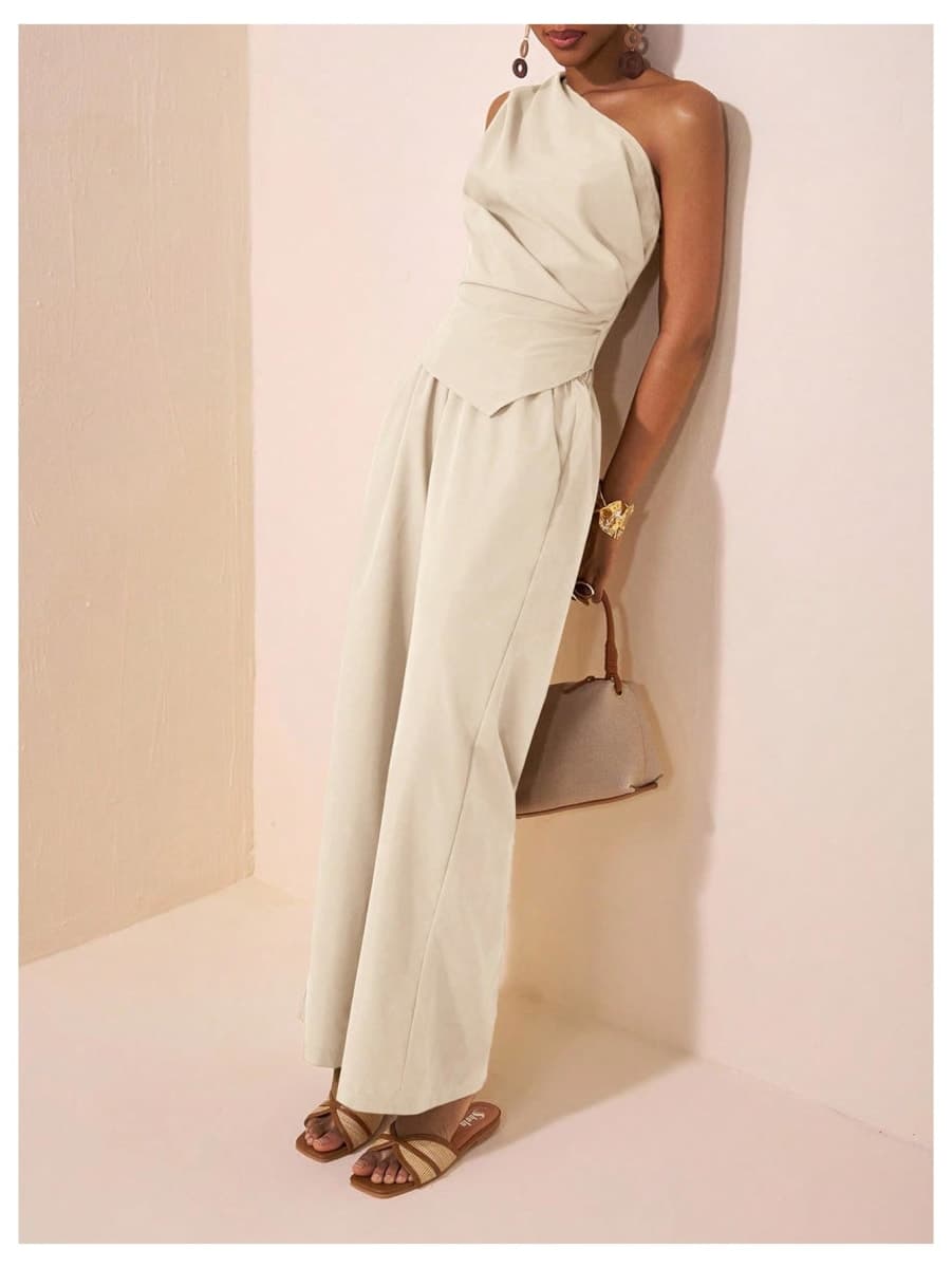 OYOANGLE Women's Two Piece Pants Set One Shoulder Ruched Shirt Wide Leg Pants Business Casual Outfits, Apricot, Small thumbnail 5