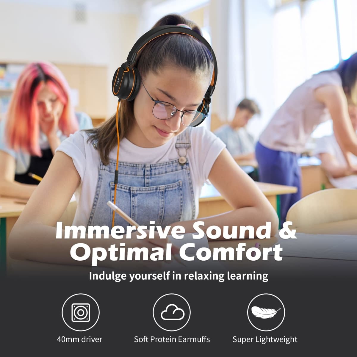 AILIHEN I35 Kid Headphones with Microphone Volume Limited 93dB Children Girls Boys Teen Lightweight Foldable Wired Headset for School Online Course Chromebook Cellphones Tablets (Black Orange) thumbnail 2
