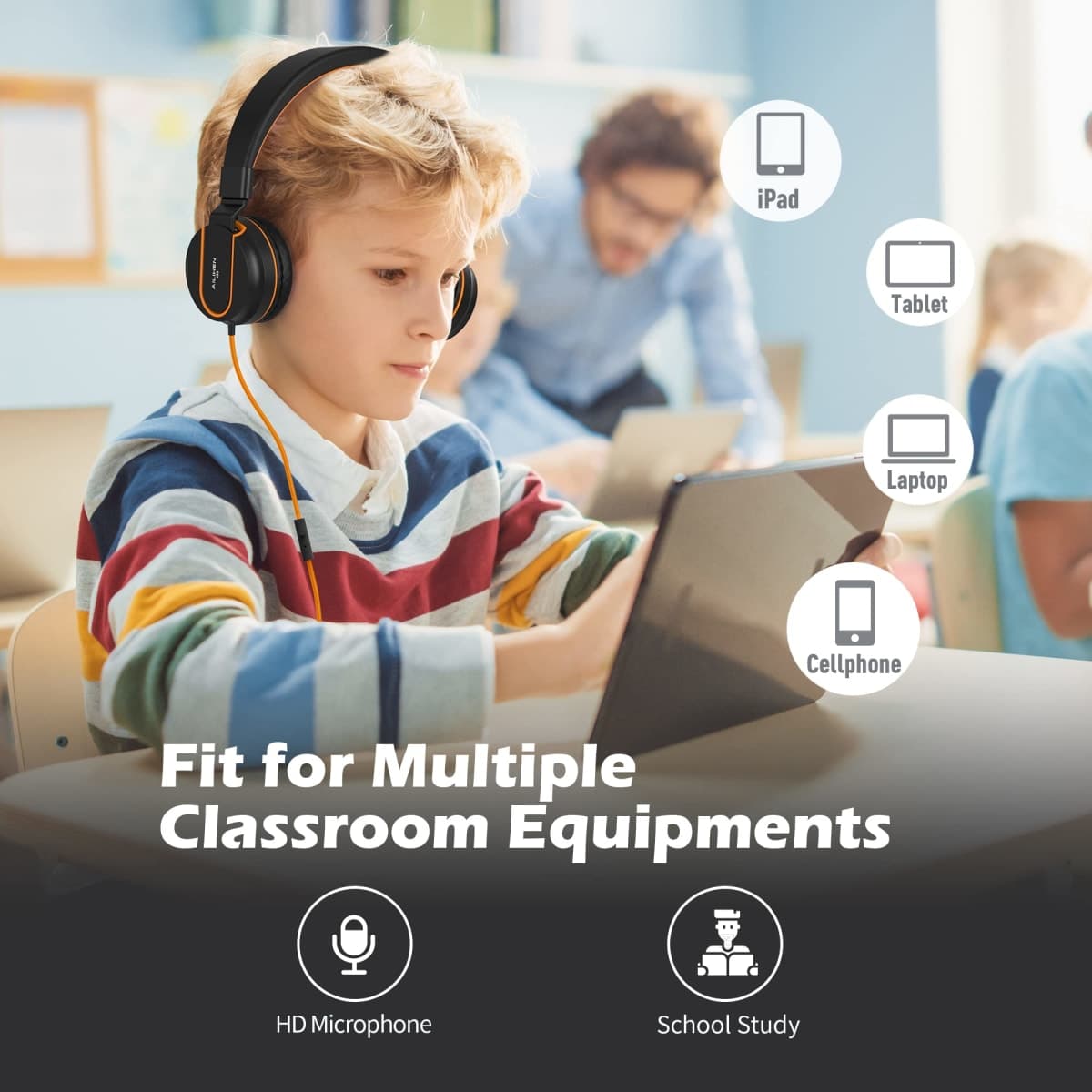 AILIHEN I35 Kid Headphones with Microphone Volume Limited 93dB Children Girls Boys Teen Lightweight Foldable Wired Headset for School Online Course Chromebook Cellphones Tablets (Black Orange) thumbnail 3