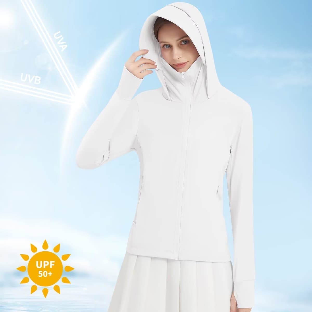 TERODACO Women's UPF 50+ Sun Protection Jacket Lightweight UV Cooling Hoodie Long Sleeve Summer Clothing for Outdoor Hiking, White, Large thumbnail 3