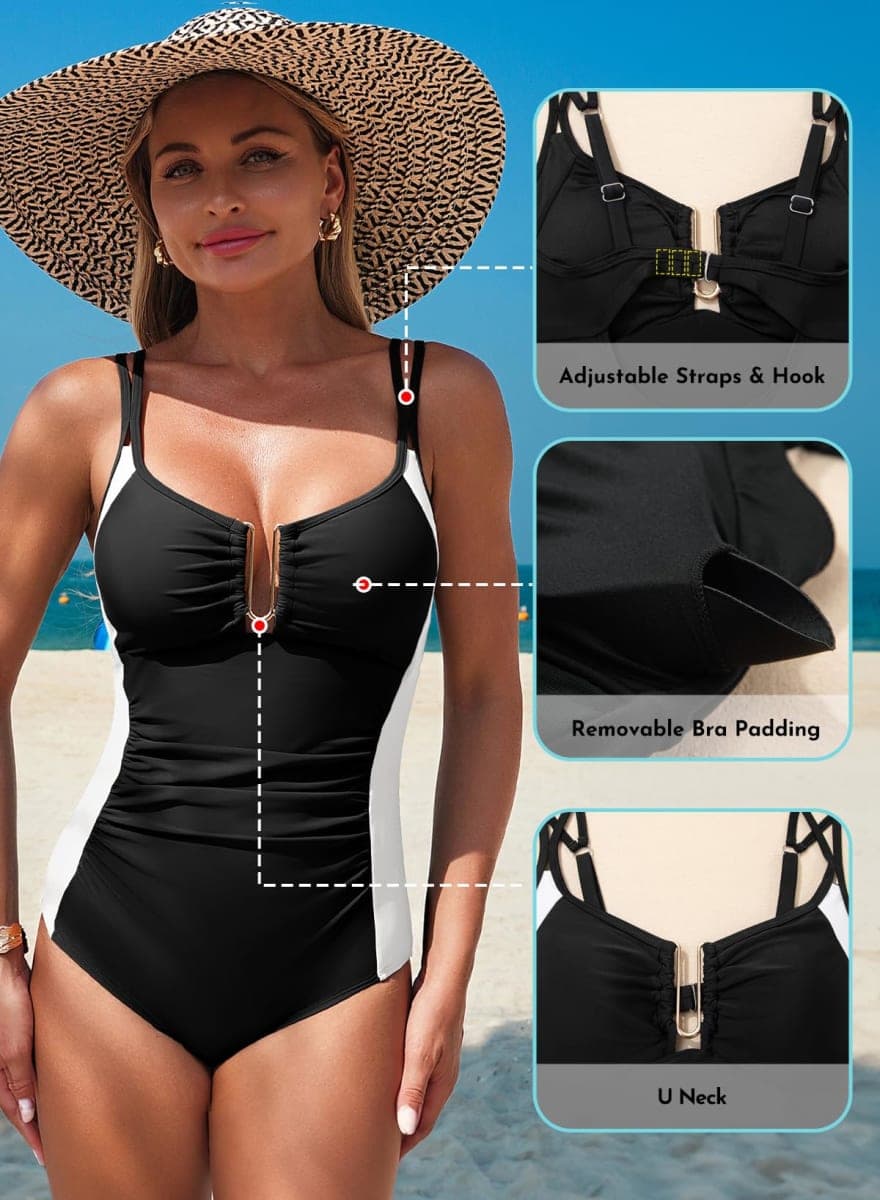 Aleumdr One Piece Swimsuit Tummy Control for Womens 2026 U Wire Full Coverage Swimwear Slimming Color Block Bathing Suit Black White Small thumbnail 5