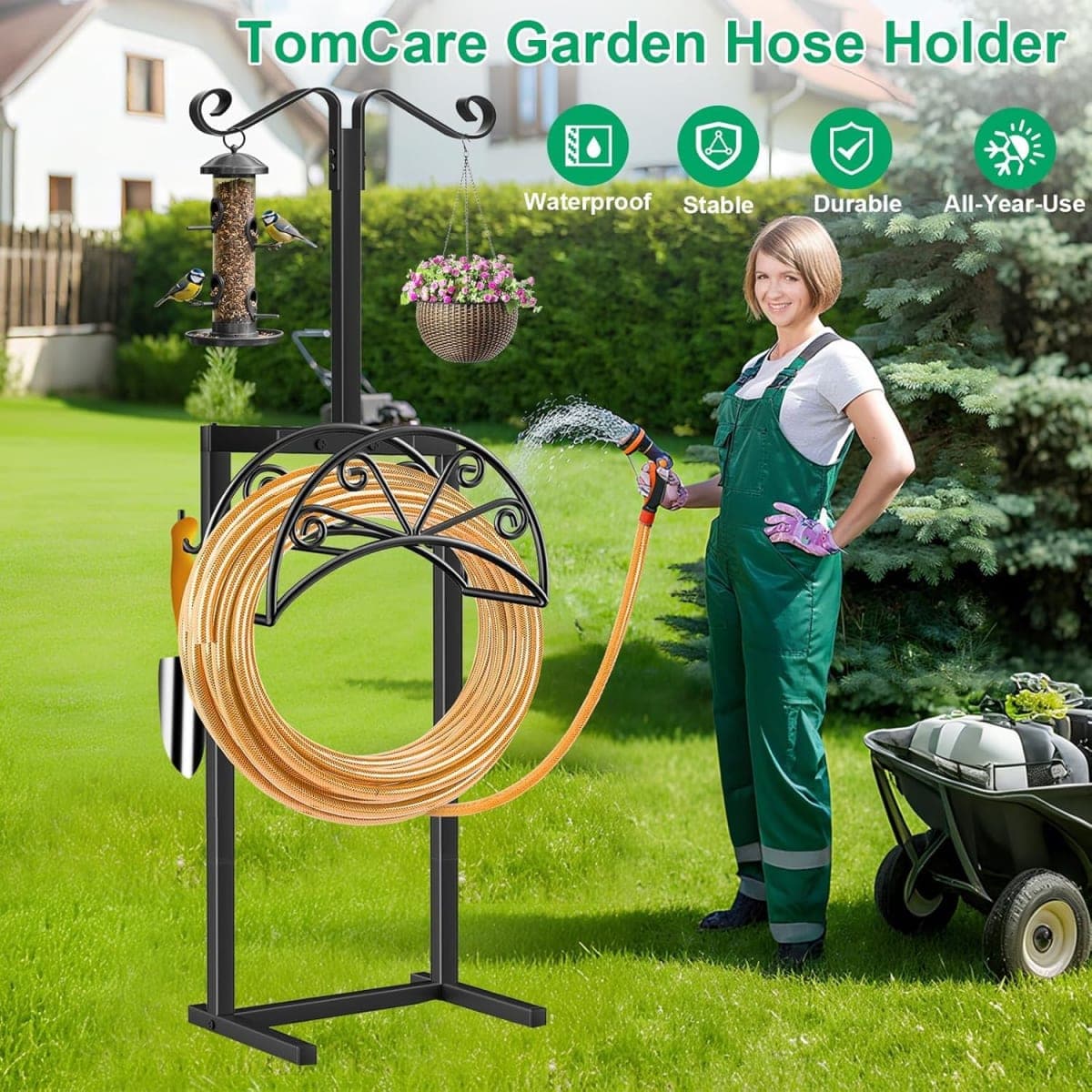 TomCare Garden Hose Holder with Shepherds Hooks Heavy Duty Water Hose Holder Holds 160 FT Hose Freestanding Hose Reel with 2 Tool Hooks Stable Hose Hanger Storage Stand for Outside Yard, Black thumbnail 4