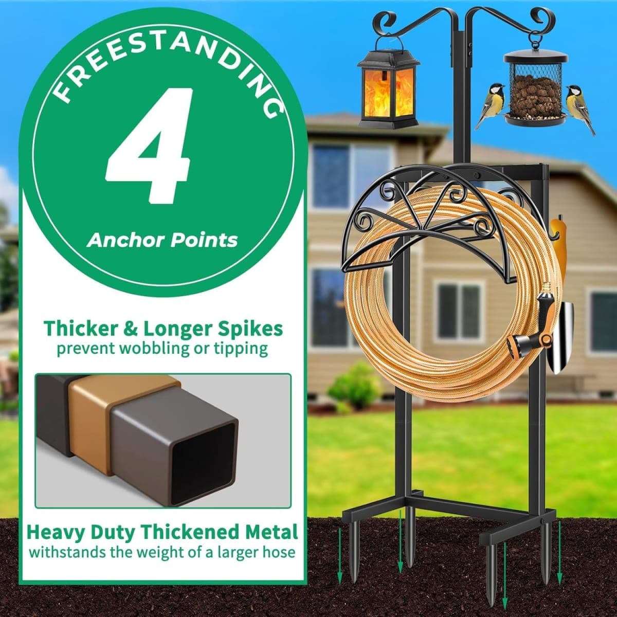 TomCare Garden Hose Holder with Shepherds Hooks Heavy Duty Water Hose Holder Holds 160 FT Hose Freestanding Hose Reel with 2 Tool Hooks Stable Hose Hanger Storage Stand for Outside Yard, Black thumbnail 5