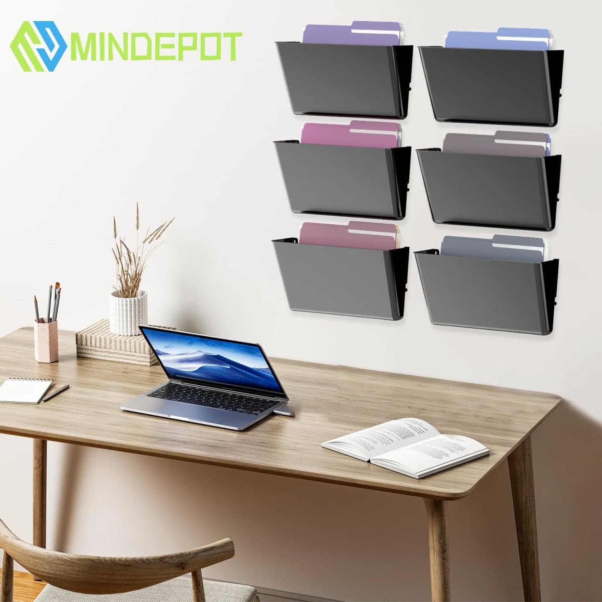 MINDEPOT 6 Pockets Acrylic Wall File Organizer, Wall File Holder Black thumbnail 2