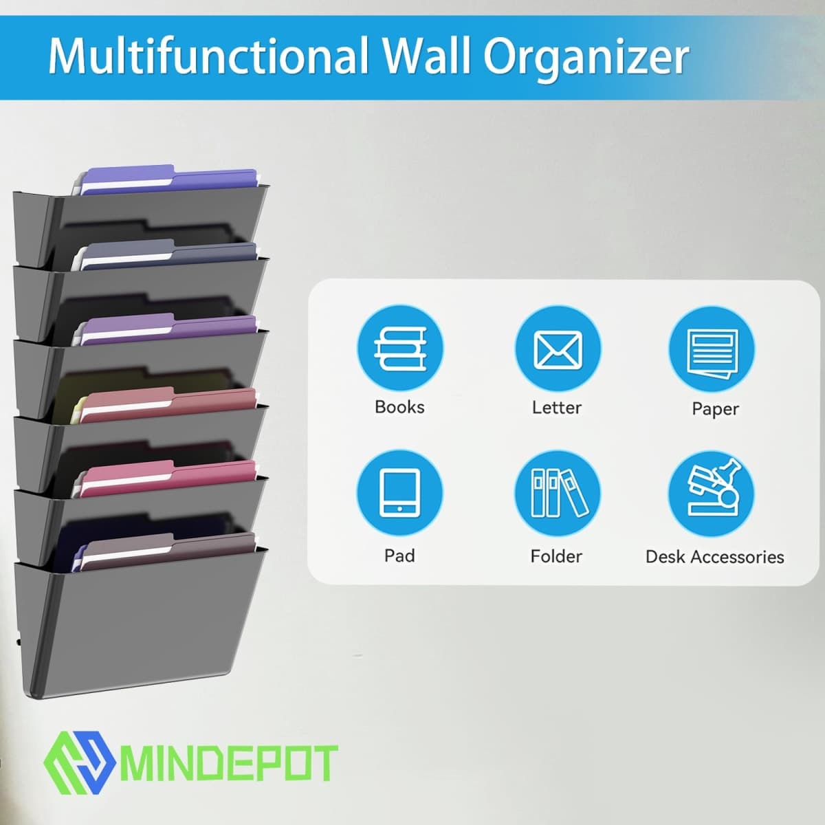 MINDEPOT 6 Pockets Acrylic Wall File Organizer, Wall File Holder Black thumbnail 5