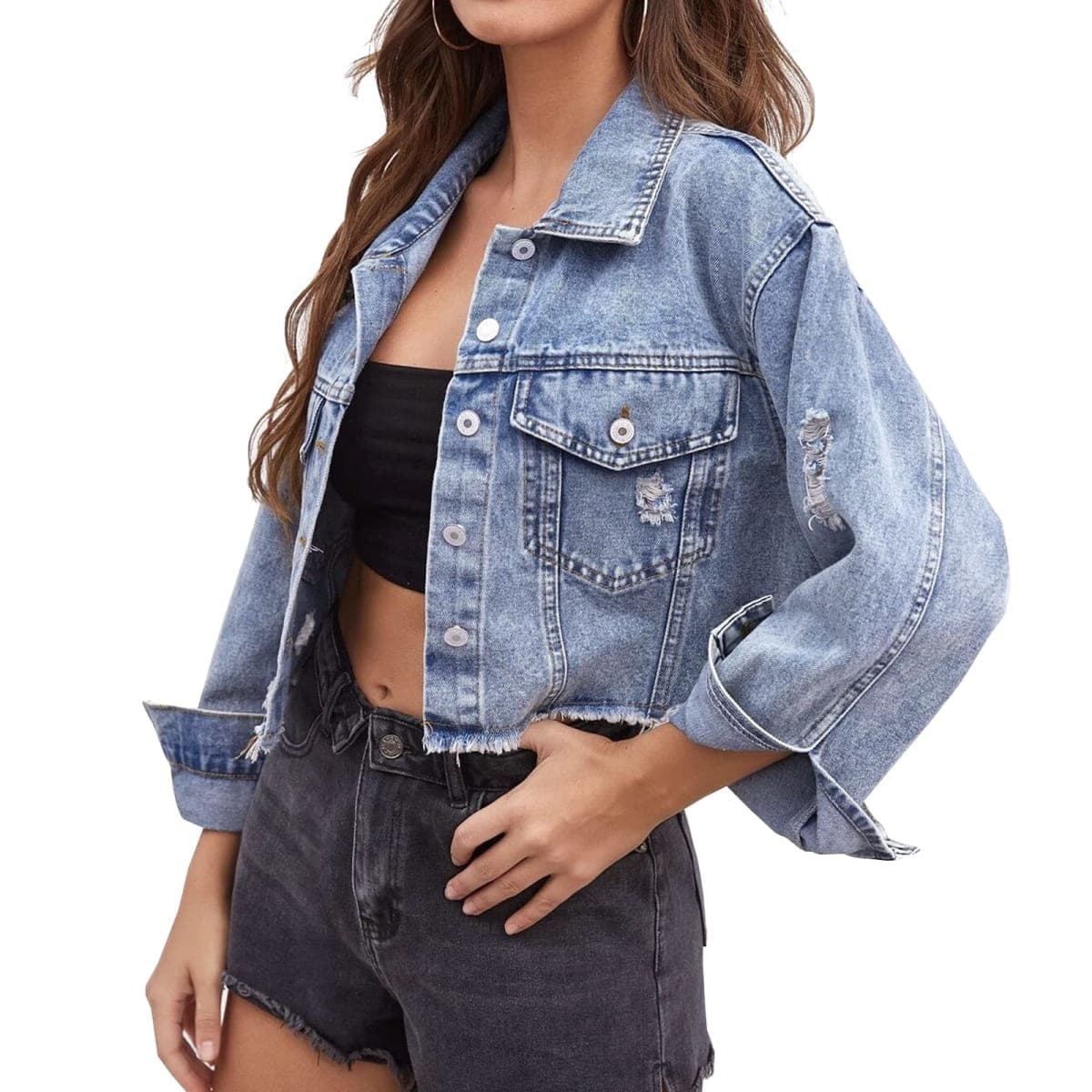 LONGYIDA Women's Denim Jackets Button Down Distressed Cropped Jean Jacket thumbnail 2
