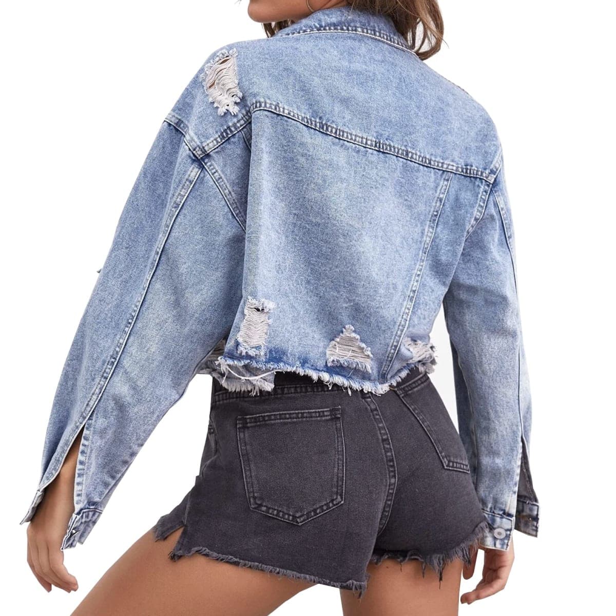 LONGYIDA Women's Denim Jackets Button Down Distressed Cropped Jean Jacket thumbnail 3