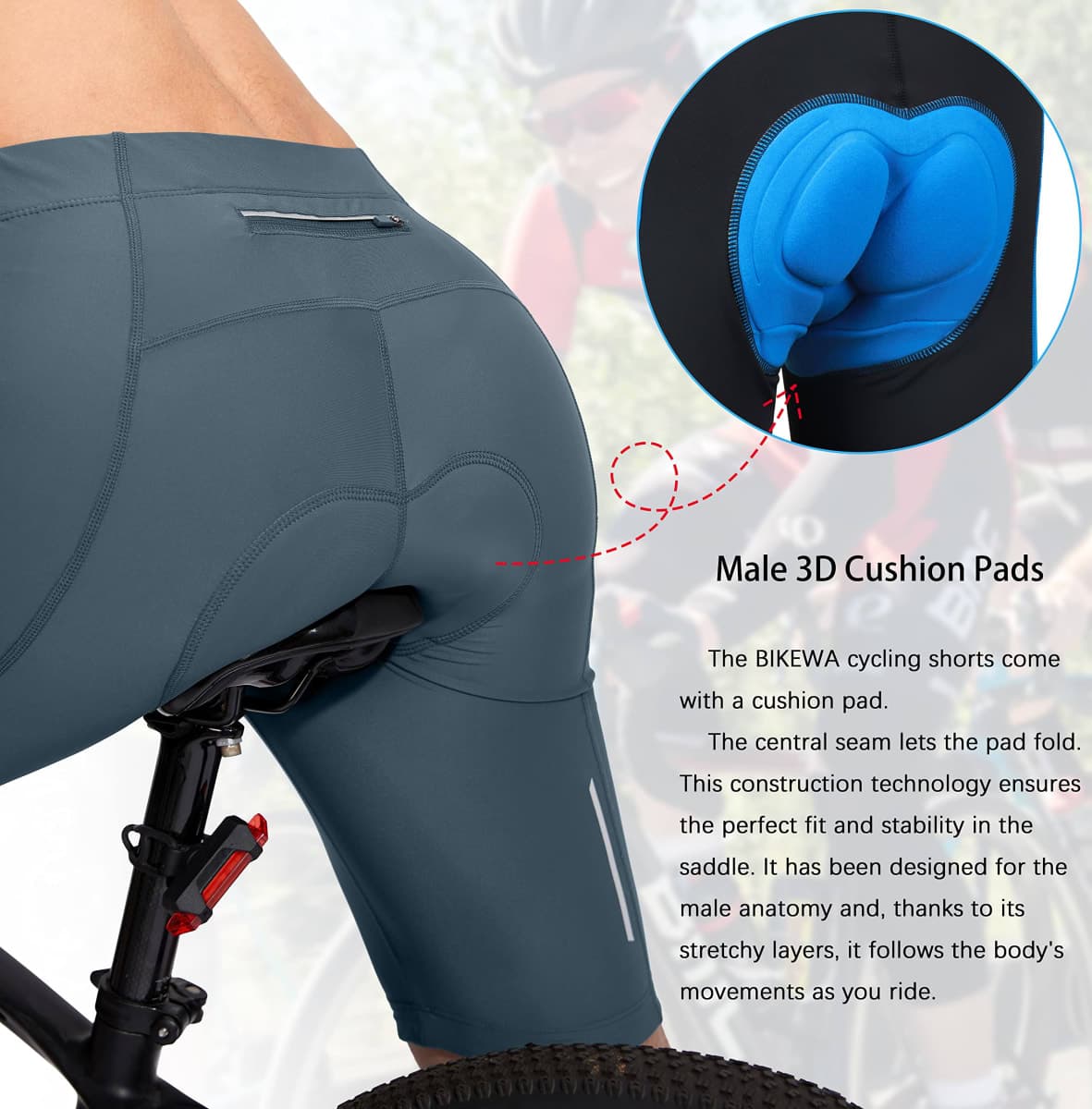 Men's Bike Shorts 3D Padded Cycling Road Biking Underwear Mountain Riding Biker Bicycle UPF 50+ Cycle Shorts Zipper Pockets(Blue Grey,M) thumbnail 4