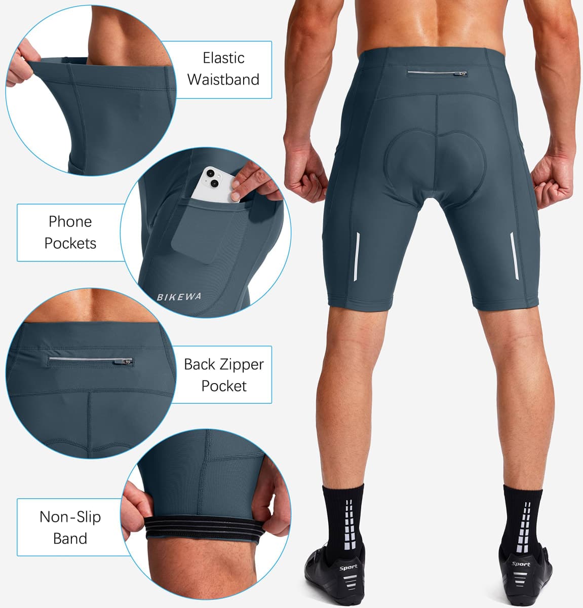 Men's Bike Shorts 3D Padded Cycling Road Biking Underwear Mountain Riding Biker Bicycle UPF 50+ Cycle Shorts Zipper Pockets(Blue Grey,M) thumbnail 5