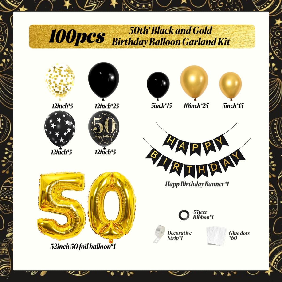 Black and Gold 50th Birthday Decorations with Happy Birthday Banner thumbnail 2