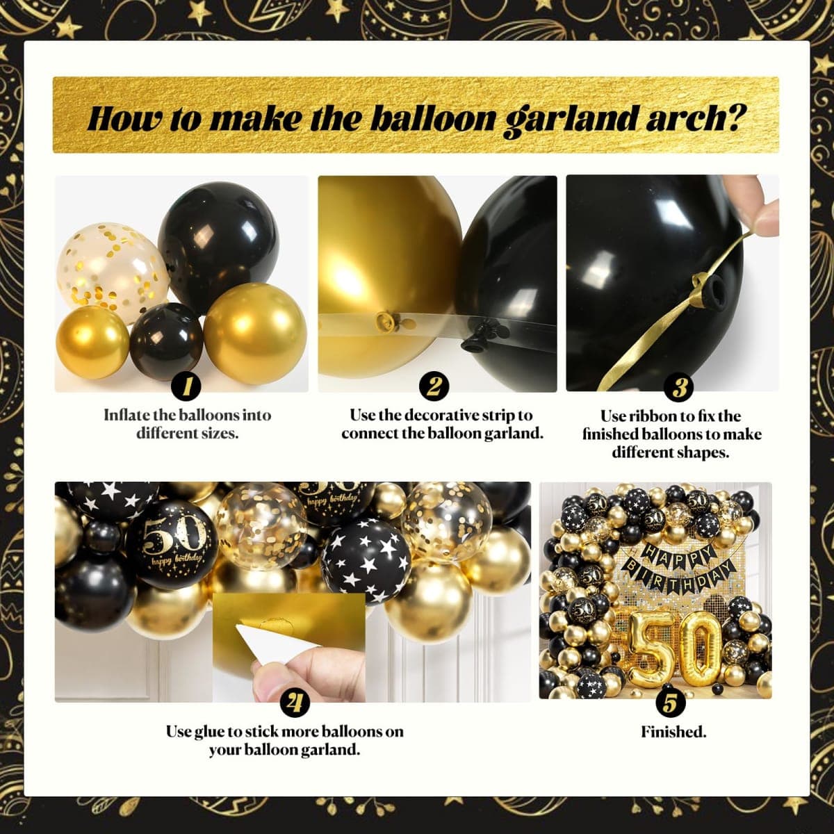 Black and Gold 50th Birthday Decorations with Happy Birthday Banner thumbnail 3