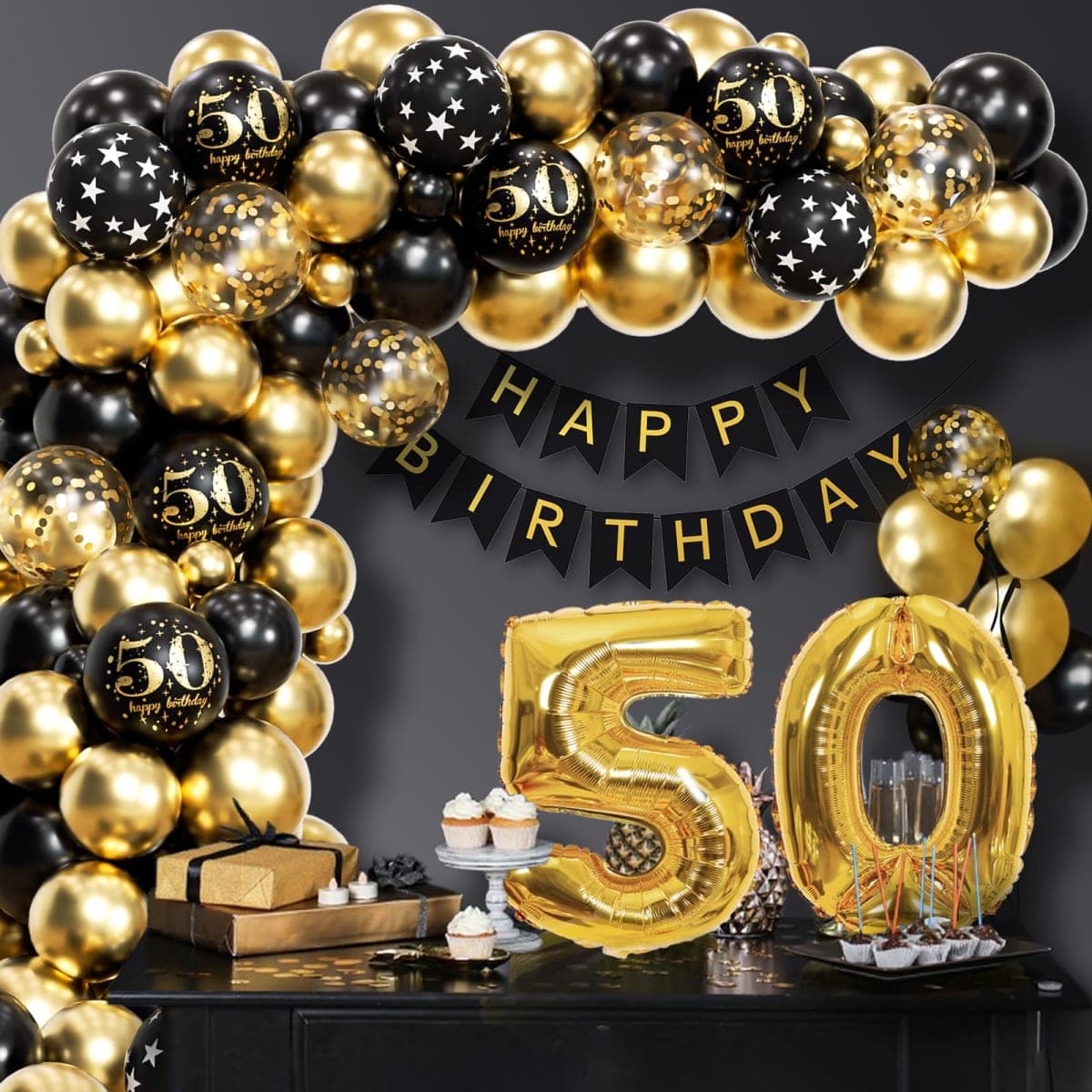 Black and Gold 50th Birthday Decorations with Happy Birthday Banner thumbnail 4